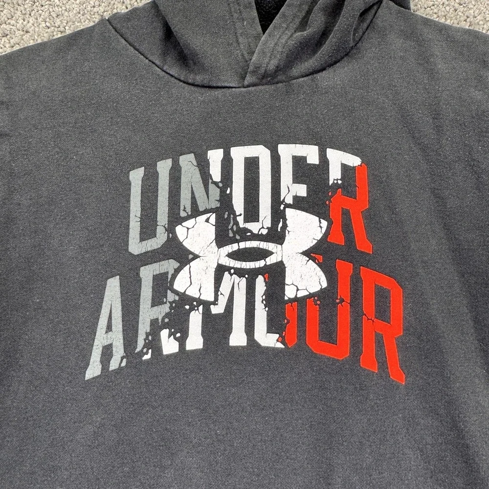 Under Armour Hoodie Boys Large Black Fleece Pullover Graphic Logo Kangaroo